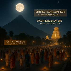 Devotees performing Girivalam under the full moon during Chitra Pournami 2025 in Tiruvannamalai, with the illuminated Annamalaiyar Temple and Arunachala Hill in the background, reflecting the spiritual ambiance of the sacred event