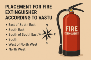 Vastu-compliant fire extinguisher placement in a home, showing ideal directions such as Southeast and Northwest for safety and positive energy flow.