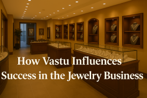 A harmonious landscape blending elements of jewelry craftsmanship and Vastu principles, featuring symbolic representations of wealth, prosperity, and directional energy flow for business success.