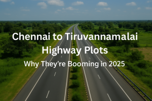 Scenic view of the Chennai-Tiruvannamalai Highway surrounded by lush greenery, showcasing prime real estate plots and infrastructure development in 2025