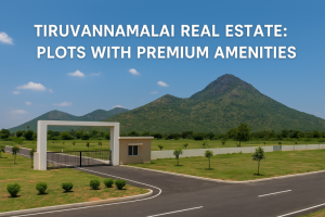 "Serene landscape of Tiruvannamalai, showcasing lush greenery, open plots, and a clear view of Arunachala Hill—perfect for premium real estate investment.