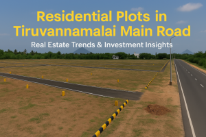 A panoramic view of residential plots along Tiruvannamalai main road, showcasing real estate development and investment potential amid rising demand and infrastructure growth.