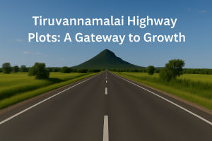 A scenic highway leading toward Arunachala Hill, surrounded by lush greenery and a golden sunset. The centered text overlay reads 'Tiruvannamalai Highway Plots: A Gateway to Growth' in a bold and elegant font, enhancing the visual appeal.