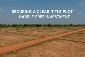 A serene landscape with greenery and a clear sky, featuring text overlay that reads: 'Securing a clear-title plot. Hassle-free investment.' The image conveys stability, growth, and trust in real estate investment.
