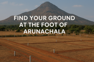 A serene landscape of Arunachala Hill at sunrise, bathed in soft golden light, with the silhouette of a small plot of land in the foreground. The words “Find Your Ground at the Foot of Arunachala” appear in elegant, earthy-toned typography across the sky.
