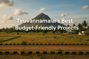“A scenic landscape of open plots in Tiruvannamalai, Tamil Nadu, set against gentle hills and a clear sky. The text ‘Tiruvannamalai’s Best Budget-Friendly Projects’ is overlaid, highlighting the region’s affordable real estate opportunities.