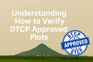 Landscape graphic featuring the text 'Understanding How to Verify DTCP Approved Plots' with a single DTCP-approved seal positioned in the bottom left corner. Designed for a blog on land verification in Tamil Nadu, conveying trust and official approval.