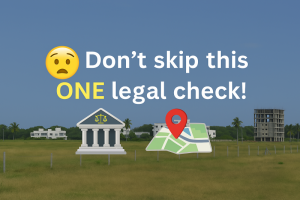 Landscape graphic with the headline ‘Don’t skip this ONE legal check!’ featuring icons of a court building and a survey map. Designed to raise awareness about land dispute checks in Tamil Nadu using eCourt Services, emphasizing caution and legal verification for real estate buyers.