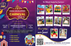 Colorful promotional poster for the Daga Developers Carnival Party, featuring event details such as date (13 & 14 September 2025), time (3:30 PM to 7:30 PM), venue (Aishwarya Garden, Chinnagaynur), and highlights like free entry, snacks, games, and parking. Includes contact numbers and a list of fun attractions such as Big Baller, Bounce House, Balloon Pop, and more. Designed with vibrant graphics and festive elements to appeal to families and children.