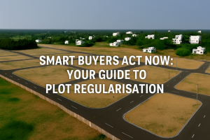 Aerial view of a newly developed residential plot layout with grid-like roads and rectangular plots under a clear blue sky. White text overlay at the top center reads: “SMART BUYERS ACT NOW: YOUR GUIDE TO PLOT REGULARISATION,” split across three centered lines. The plots are bordered by dark asphalt roads with white markings, surrounded by sparse greenery and a white boundary wall. In the background, white multi-story homes are nestled among dense trees.