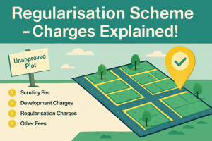 Illustration of a plot layout with labeled roads, trees, and rectangular plots, highlighting Tamil Nadu’s Regularisation Scheme charges including scrutiny fee, development charges, regularisation charges, OSR, and other fees. A large location pin with a checkmark indicates approved plots.