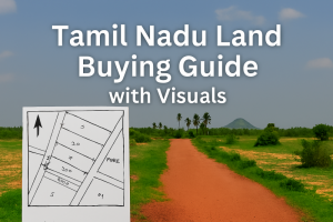 Rural Tamil Nadu landscape with a dirt path leading through open plots, palm trees in the distance, and a hill on the horizon under a blue sky. A white overlay displays an FMB sketch with labeled plots and roads. Text reads “Tamil Nadu Land Buying Guide with Visuals.