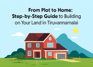 Illustration of a modern red two-story house with white trim on a green lawn, set against the backdrop of Arunachala mountain and a bright blue sky in Tiruvannamalai. The image includes a step-by-step guide to building a home, with icons and text highlighting seven key stages—from choosing a plot to final handover—promoting Daga Developers' real estate services.